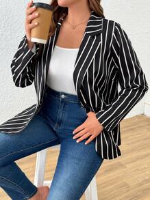 SHEIN LUNE Damen Große Größen schwarz-weiß gestreifter eleganter Lässig Blazer mit langen Ärmeln und enganliegender Passform
