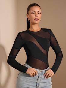 SHEIN BAE 春夏女士黑色圆领性感网眼透视镂空不对称紧身衣