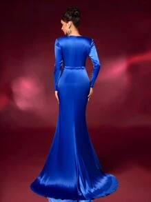 Glamrae Elegantes blaues Partykleid mit V-Ausschnitt, Langarm, Mesh-Front, Pailletten und Fischschwanz-Silhouette, geeignet für Dates, Singles-Partys, Hochzeiten und formelle Anlässe - Königsblau - Übersicht 3