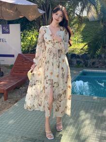 DAZY Đầm voan hoa thanh lịch dáng dài ngang gối dành cho nữ, trang phục đi nghỉ xuân/hè, đầm maxi phong cách boho. - Màu be - Xem 5