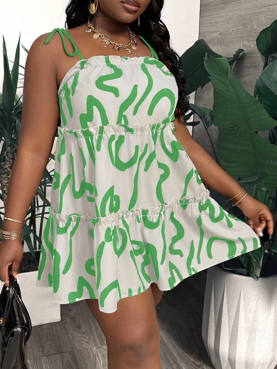 Slaydiva Plus Size Women's Loose Smock Dress, Multi-Layer Patchwork, Adjustable Knotted Shoulder Straps, Artistic Print, Mini Summer Dress For Vacation, Casual, Party