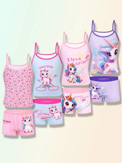 SHEIN 4pcs Young Girls Unicorn & Rocking Horse Pattern Camisole & Soft Briefs Underwear Set