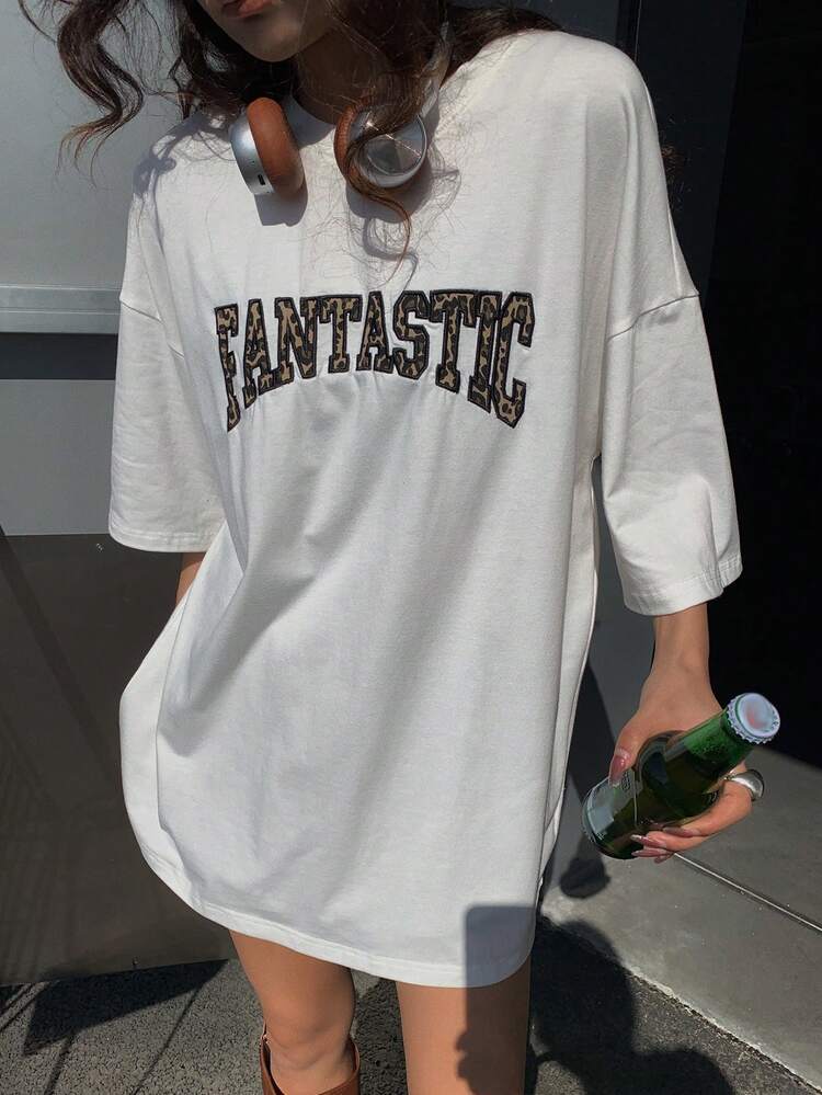 Women's Leopard Print Letter Embroidered Loose Short Sleeve T-Shirt Oversized T-Shirt,Graphic Tees
