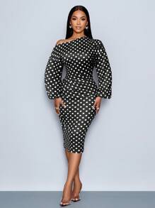 SOLERSUN 女装冬季优雅新年派对情人节舞会圣诞节法式白色波尔卡圆点图案露肩长袖针织臀罩老钱风格跨年性感休闲促销女式中长连衣裙 - 黑色 - 查看 5