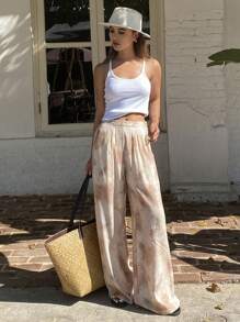 DAZY 度假宽松休闲扎染植物印花直筒裤，女款，教师裤 - 杏色 - 查看 4