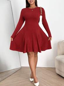 Franclia Plus Size Vrouwen Effen Kleur Ronde Hals Lange Mouw Geribbelde Korte Casual Jurk