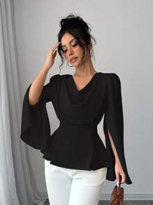 Elenzga Blusa negra de otoño con elegante poncho de cuello drapeado de unicolor