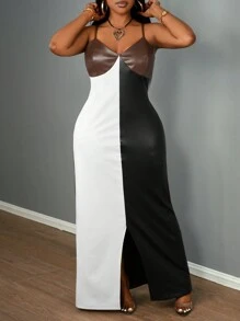 Slaydiva Plus Size Elegancka i na imprezę i spotkanie i randkę, dopasowana, jednolita, brązowa, z długim rękawem, asymetrycznym dołem, falbaniasta, sukienka z PU, długa, dopasowana sukienka, wiosna/jesień-B