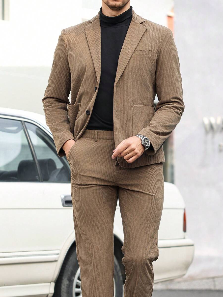 Manfinity Mode 男士纯色单排扣西装外套和裤子，秋季商务休闲装