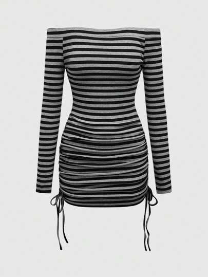 ROMWE Avant Y2K Open Shoulder Drawstring Bodycon Mini Dress