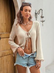 SHEIN Swim 杏色针织绑带贝壳亮片波西米亚风度假海滩和服罩衫夏季 - 杏色 - 查看 5