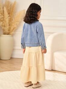 SHEIN 2pcs/Set Young Girl Denim Jacket & Apricot Sleeveless Dress, Casual Fashion Transitional Outfit, Suitable For Spring, Summer, Autumn - Multicolor - View 2
