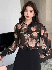 DAZY 春夏季假期情人节花卉印花宽松泡泡袖女士衬衫透视装