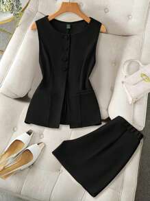 SHEIN LUNE 2 Pieces Set: Early Autumn New Red Women Waistcoat & Shorts Suit Old Money Style Spring Two Pieces Summer Set - Black - View 1