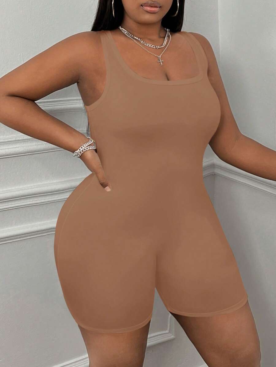 CovetEZ Plus Size Stretch Knit Yoga Simple Jumpsuit - Brown - View 1