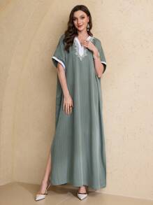 Al Najma V 领编织饰边肩袖女式土耳其连衣裙 - 綠色 - 查看 3