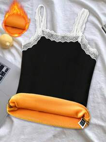 SHEIN Clasi Women Lace Trim Contrast Color Patchwork Sleeveless Camisole, Warm & Thermal Lined, Autumn/Winter Graphic Tees Women Tops