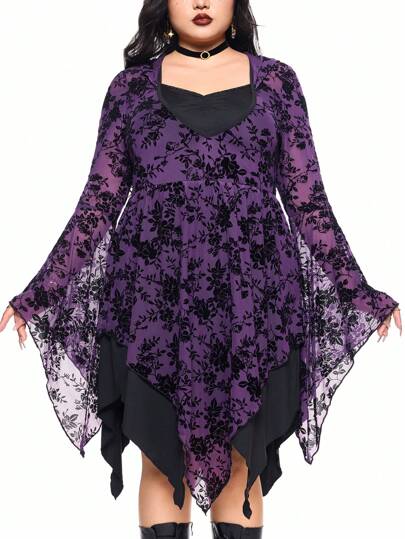 Hippie Women's Plus Size Asymmetrical Hem Witch-Inspired Flocked Mini Dress With Hooded Flare Sleeves