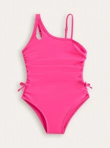 SHEIN Traje de baño de una sola pieza con cordón de color liso para niña, nuevo estilo de moda - Rosa Fucsia - Ver 1