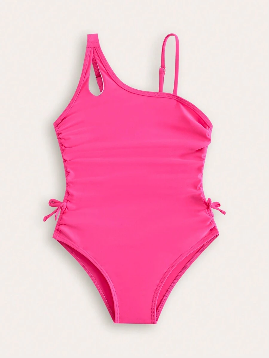 SHEIN Traje de baño de una sola pieza con cordón de color liso para niña, nuevo estilo de moda - Rosa Fucsia - Ver 1
