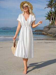 Swim Vcay Beach Outfits For Woman Summer Beach Women's Geometric Print Batwing Sleeve Cover-Up Dress