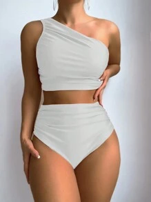 SHEIN Swim Carnaval De Bikini Monocromático Sin Mangas De Un Hombro Para Mujer - Blanco - Ver 1