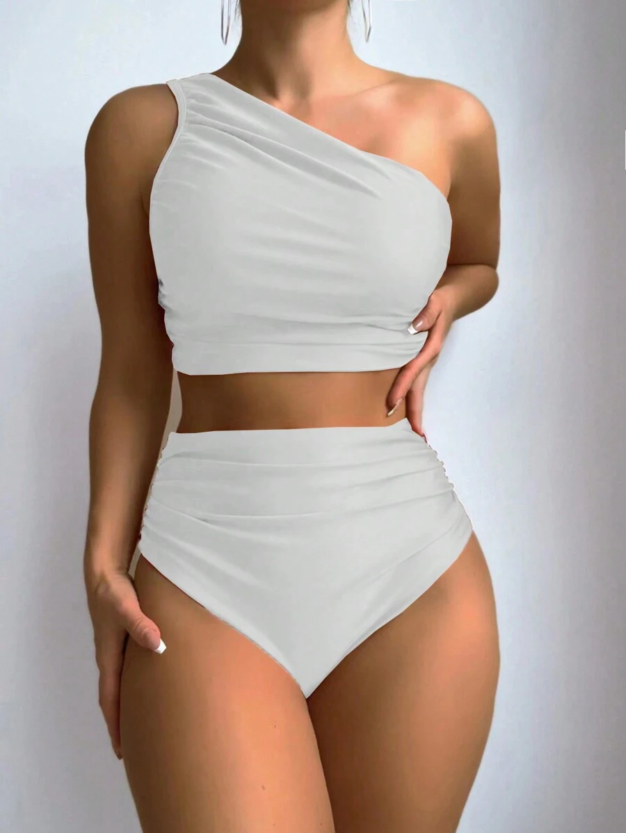 SHEIN Swim Carnaval De Bikini Monocromático Sin Mangas De Un Hombro Para Mujer - Blanco - Ver 1