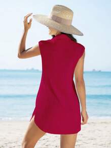 Swim Vcay 夏季服装 2025 女式纯色无袖迷你泳衣罩衫夏季 - 酒紅色 - 查看 2