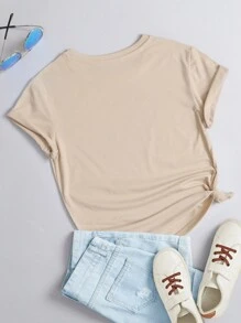 INAWLY 女士气球心形奶牛 LOVE 图案常规圆领短袖情人节 T 恤 - 卡其色 - 查看 2