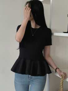 DAZY Women's Solid Color Ruffle Hem Short Sleeve T-Shirt