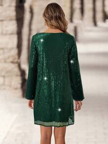 EMERY ROSE Women Holiday Crew Neck Long Sleeve Sequins Decorated Minimalist Short Dress - Green - View 2
