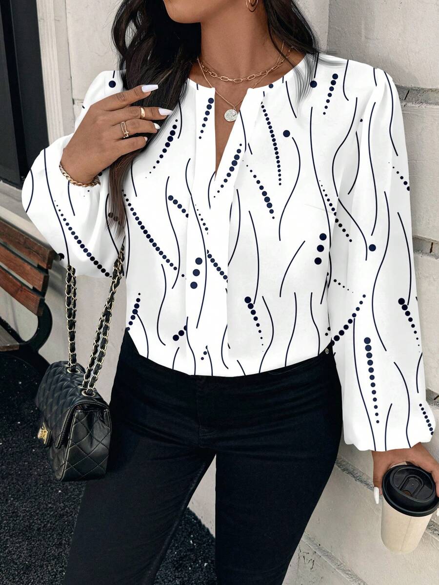 SHEIN Clasi Plus Size Women Art Dotted Pattern Cutout Collar Lantern Sleeve Shirt, Casual And Elegant For Spring And Autumn And Winter Chic Blouses For Women - White - View 1