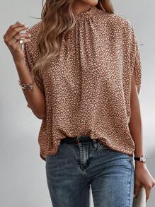 SHEIN Clasi Women Leopard Print Stand Collar Split Sleeve Loose Fashion Blouse - Multicolor - View 3