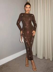 SHEIN BAE 秋冬纯卡其色和咖啡色性感优雅露背褶皱长袖连衣裙，配有水钻闪亮装饰，适合鸡尾酒会、浪漫约会、秋冬内衣、派对、正式聚会、夜间外出、夜总会、婚礼嘉宾、万圣节、圣诞节、日常通勤 - 卡其色 - 查看 2