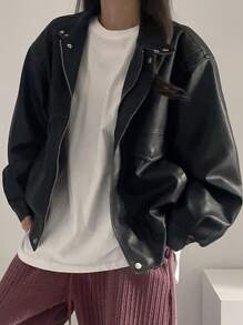 DAZY Women's Loose Fit Stand Collar Distressed Jacket,Fall Clothes Leather Jacket - Black - View 1