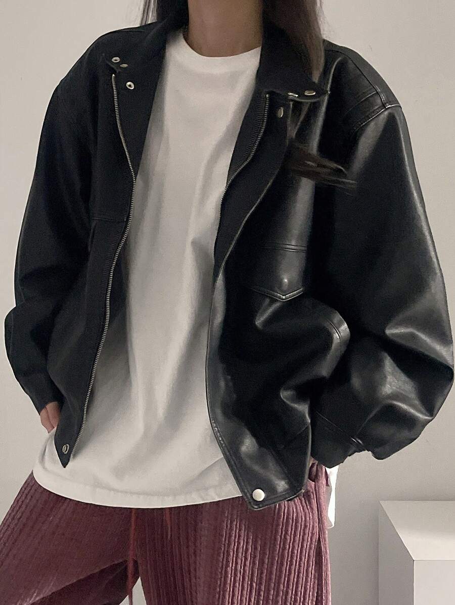 DAZY Women's Loose Fit Stand Collar Distressed Jacket,Fall Clothes Leather Jacket - Black - View 1