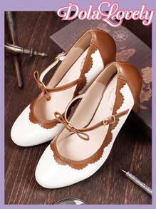 Dola Lovely Women's Pink Round Toe High Heel Mary Jane Lolita Style Classic Patchwork Pattern Shoes Valentine's Day - Brown - View 1