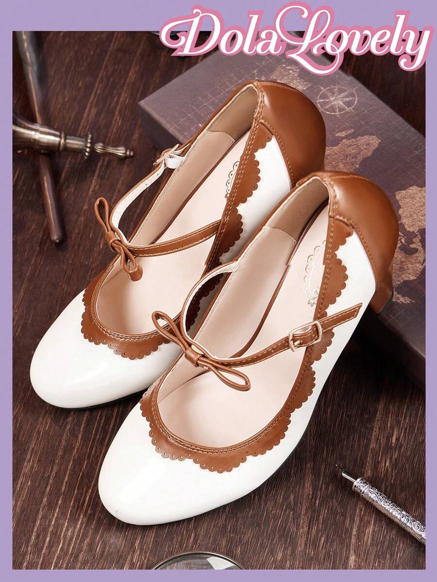 Dola Lovely Women's Pink Round Toe High Heel Mary Jane Lolita Style Classic Patchwork Pattern Shoes Valentine's Day - Brown - View 1