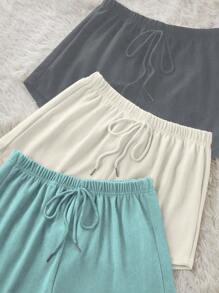 3件套纯色腰部打结休闲短裤睡眠短裤 - 彩色 - 查看 5
