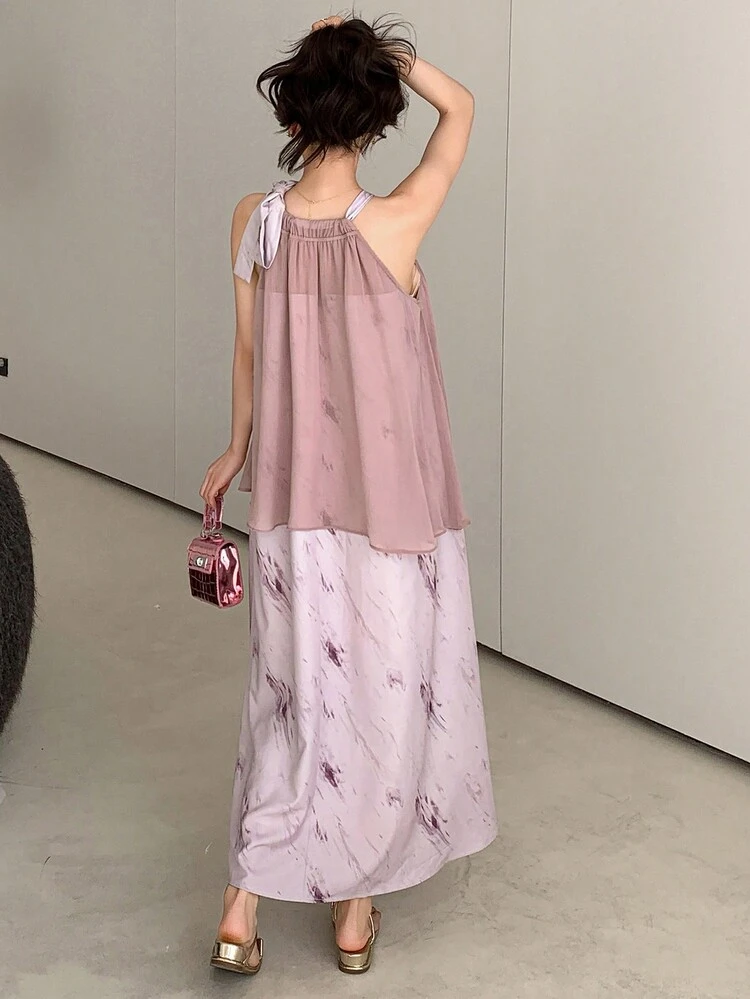 Women's Dress With Mesh Panels & Tie-Dye Print Sundress,Casual Women Dresses Maxi Dress Floral Dresses For Women