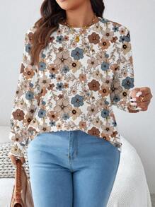 EMERY ROSE 大码女式复古花卉印花圆领长袖 T 恤，秋冬款 - 白色 - 查看 5