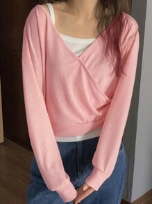 DAZY Women's Deep V-Neck Oblique Placket Loose Long Sleeve T-Shirt, Pink, Spring/Summer - Pink - View 5
