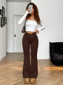 SHEIN EZwear Brown Knitted Thermal Lined Flare Casual Pants For Women