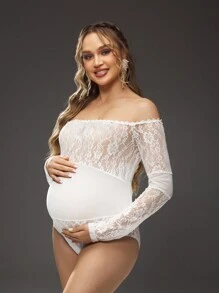 SHEIN Maternity Lace Patchwork Off-Shoulder Romper - White - View 1