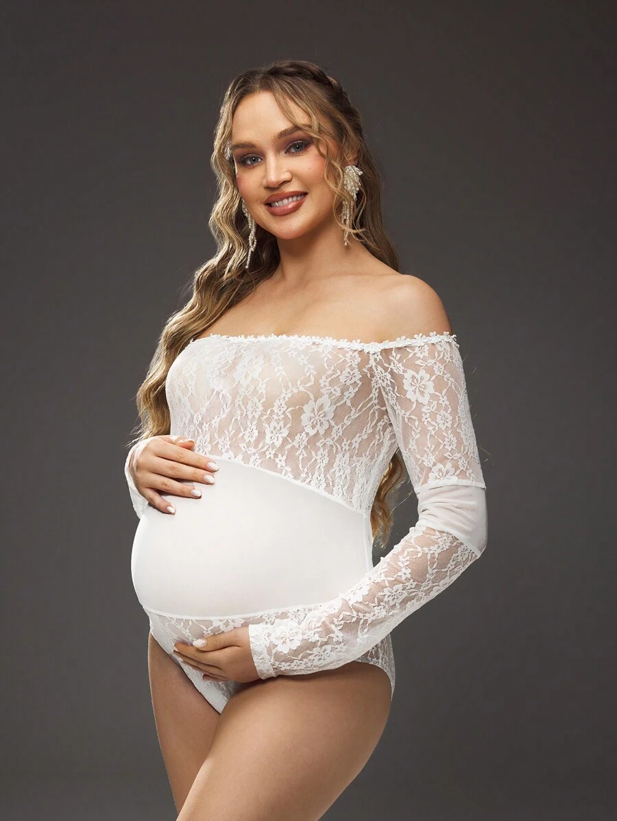SHEIN Maternity Lace Patchwork Off-Shoulder Romper - White - View 1