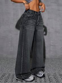 SHEIN EZwear Women Non-Stretch High Waist Wide Leg Long Jeans