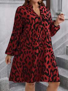 EMERY ROSE Plus Size V-hals Lange Mouw All-Over Print Losse En Elegante Herfstjurk