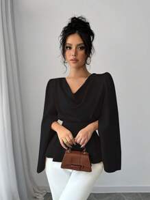 Elenzga Blusa negra de otoño con elegante poncho de cuello drapeado de unicolor