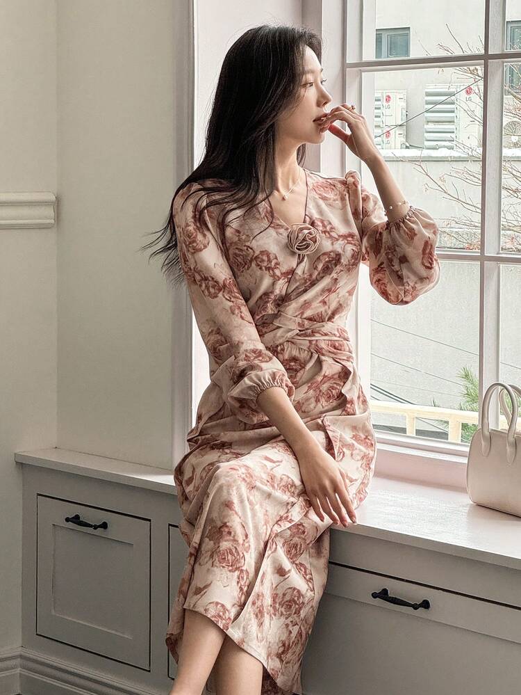 French Retro Rose Twisted Graphic Print Long Sleeve Women's Dress, Fall Dress Floral Dresses For Women