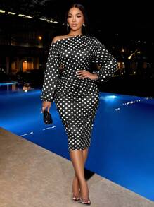 SOLERSUN 女装冬季优雅新年派对情人节舞会圣诞节法式白色波尔卡圆点图案露肩长袖针织臀罩老钱风格跨年性感休闲促销女式中长连衣裙 - 黑色 - 查看 6